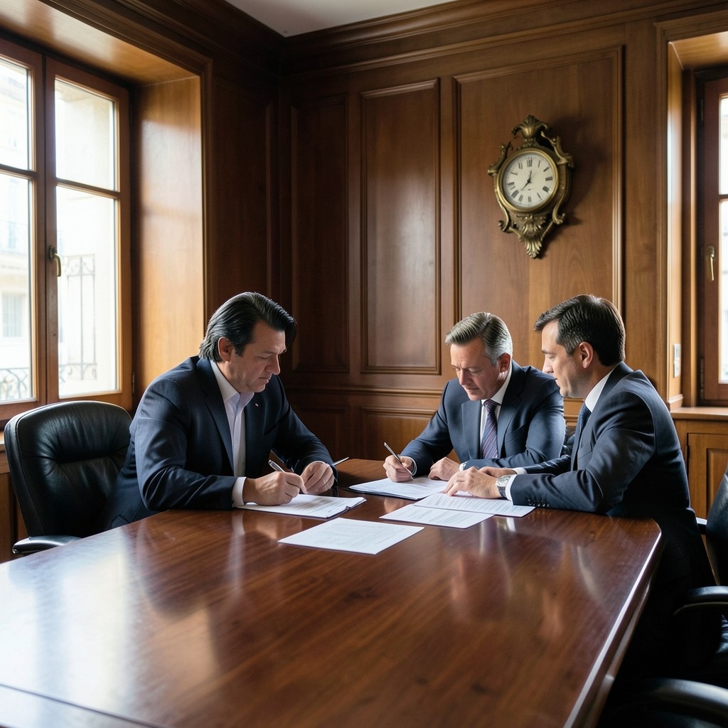 Consultores revisando documentación laboral en oficina con acabados en madera y latón