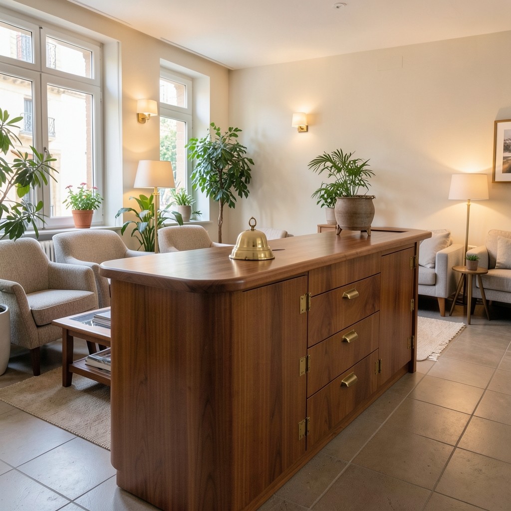 Recepción de consultoría laboral con mostrador de madera y detalles metálicos